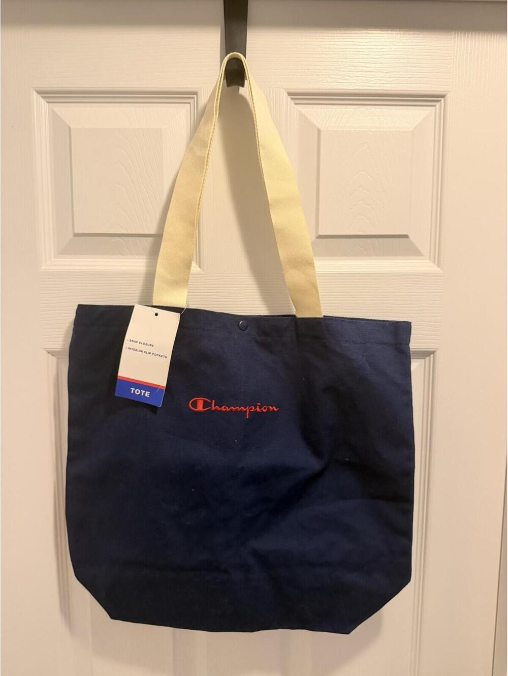 Champion Canvas Tote Bag Navy Blue Red Script Logo Gym Dance Travel NWT